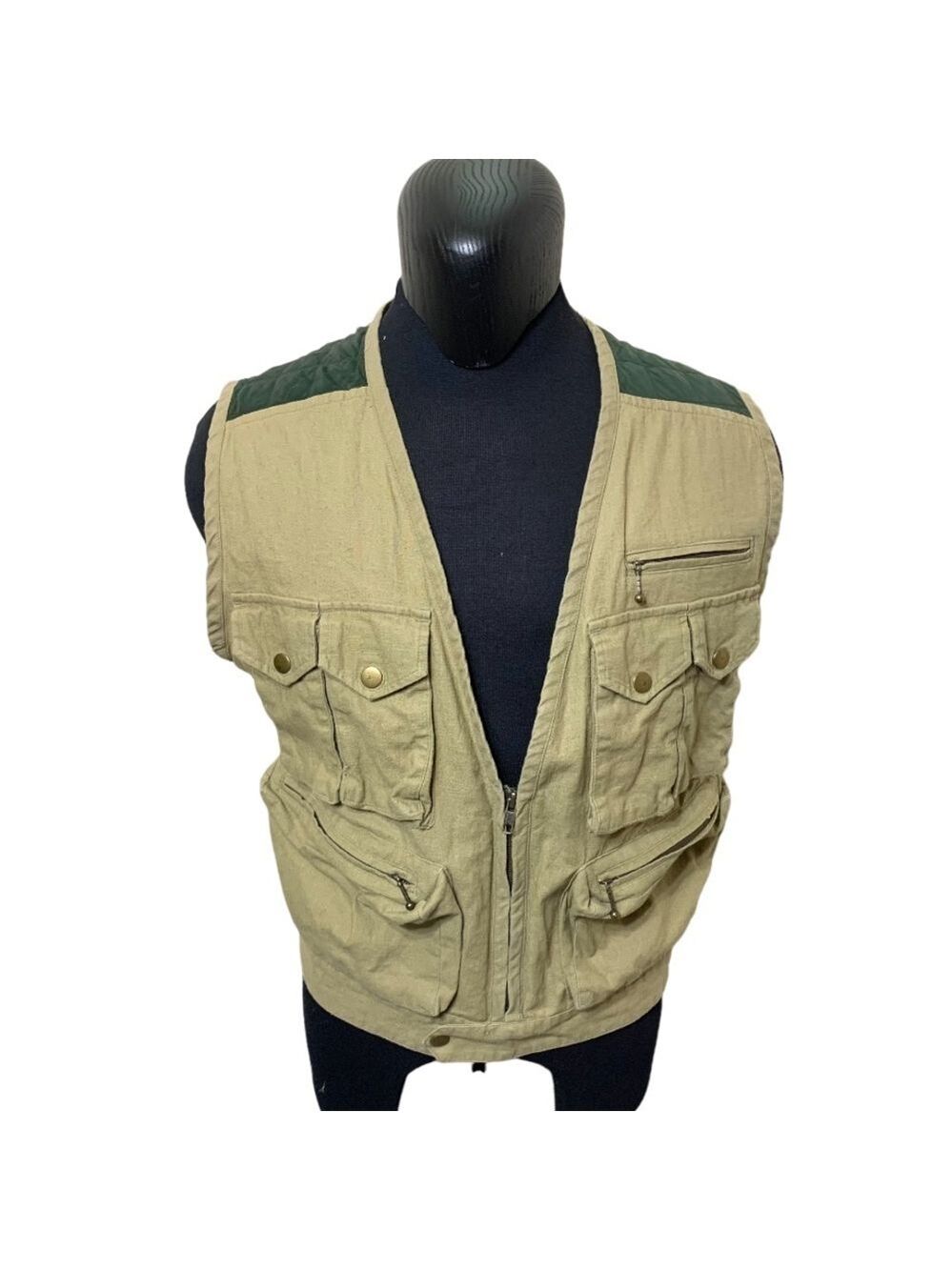 Vintage Hudson Bay Vest linen blend Quilted Tan Green Sz S/M Fishing Hiking